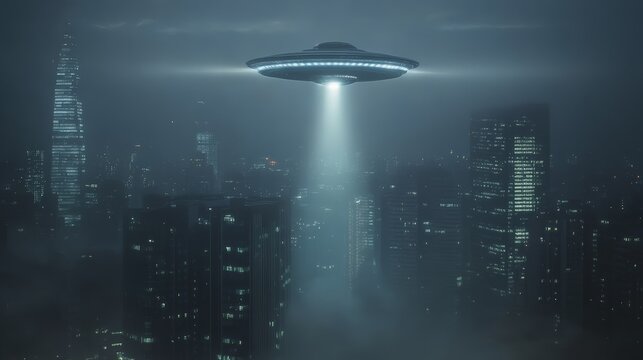 Gigantic alien spaceship hovering over a futuristic metropolis at night, casting a brilliant light beam through the fog that envelops towering skyscrapers, creating a mysterious atmosphere - Powered by Adobe