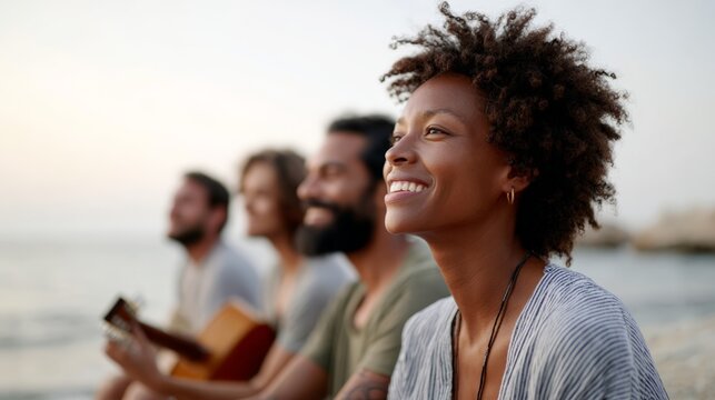 Group of diverse friends are sitting together on a beach at sunset, enjoying live music played on an acoustic guitar, creating a peaceful and joyful camping experience
