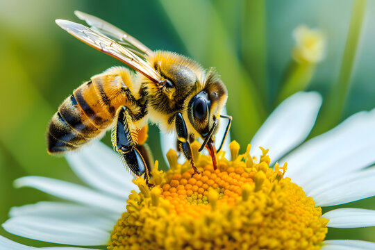 Macro of honeybee pollinating daisy flower wings