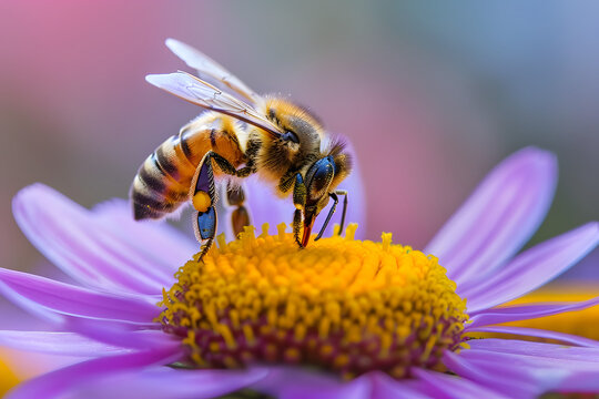 Macro of honeybee pollinating daisy flower wings