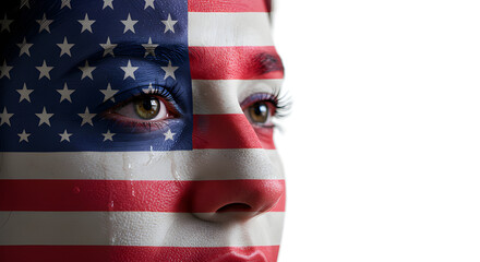 Patriotic face paint of the American flag with its red, white, and blue stars and stripes symbolizes USA independence and national pride