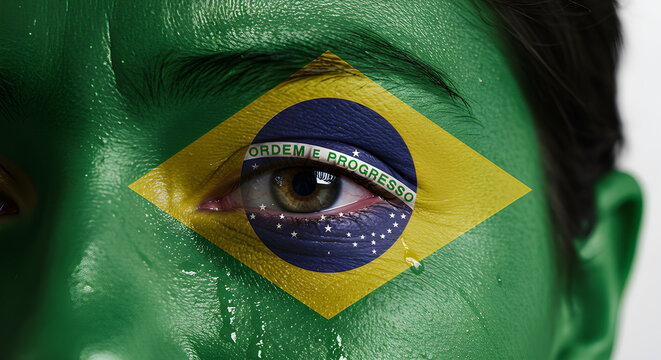 Brazilian fans, both men and women, show their patriotism with the national flag painted on their faces for football - Powered by Adobe