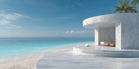 Obraz premium White stone podium against tropical sandy beach