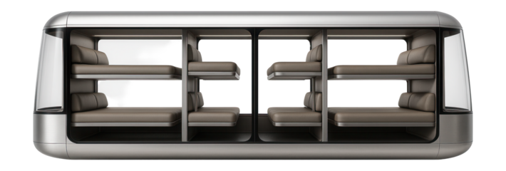 Open-plan railcar with parallel rows of sleeping bunks