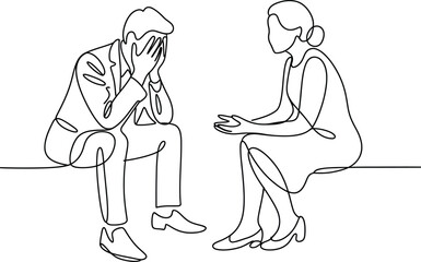 Man and woman in conversation one appears distressed line art