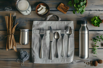 Minimal zero-waste travel kit flatlay stainless