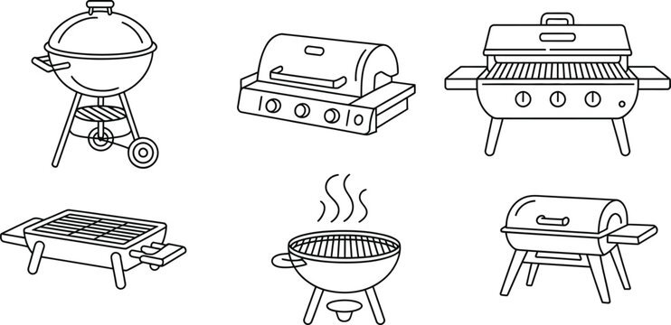Collection of hand drawn barbecue grill illustrations in black and white