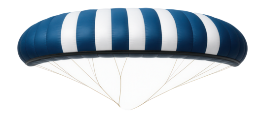 Paramotor canopy with a blue and white striped pattern and aerodynamic shape