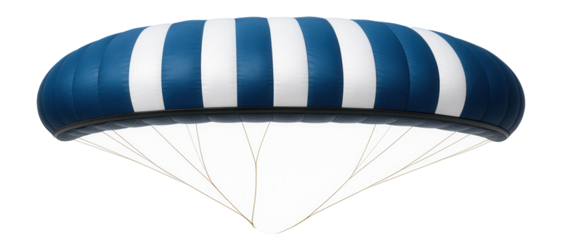 Paramotor canopy with a blue and white striped pattern and aerodynamic shape