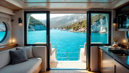 Fototapeta premium Serene modern sailboat cabin overlooking turquoise Mediterranean bay, cozy nautical interior. 