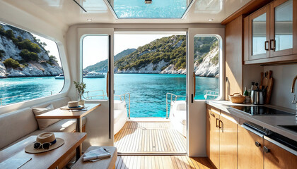 Fototapeta premium Serene modern sailboat cabin overlooking turquoise Mediterranean bay, cozy nautical interior. 