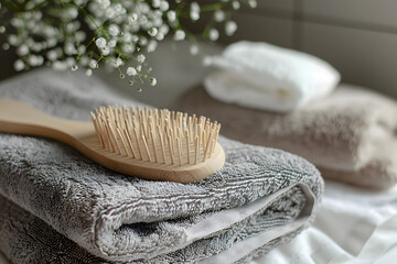 Natural wooden hairbrush lying beside folded line
