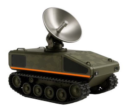 Camouflaged tracked vehicle with radar dish mounted on top