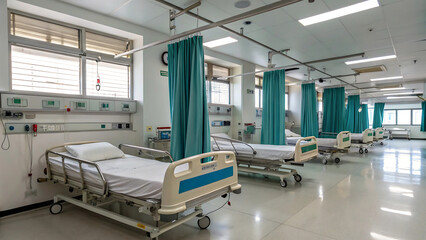 Modern hospital ward with multiple beds and medical equipment providing patient care and treatment