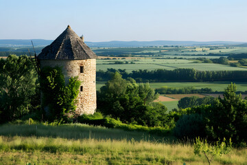 Old stone windmill on hilltop surrounded by green