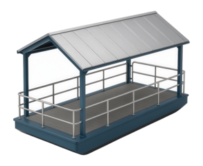 Harbor ferry dock with a pitched roof and railing for safety