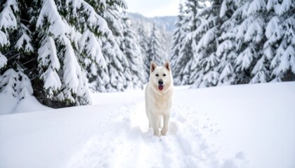 Fototapeta premium White dog in a snowy forest