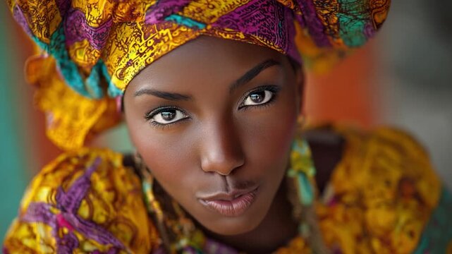 Vibrant African Woman in Colorful Head Wrap Showcasing Cultural Beauty and Heritage in a Portrait Setting