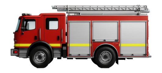 Medium-sized fire engine with reflective safety stripes along the sides