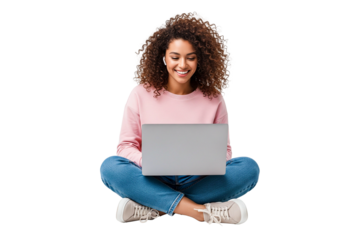 young woman sitting and using laptop isolated on white