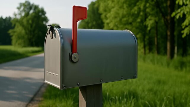 Rural delivery service. Modern gray mailbox with red flag stands beside quiet rural road surrounded by green trees and grass wooden post by peaceful
