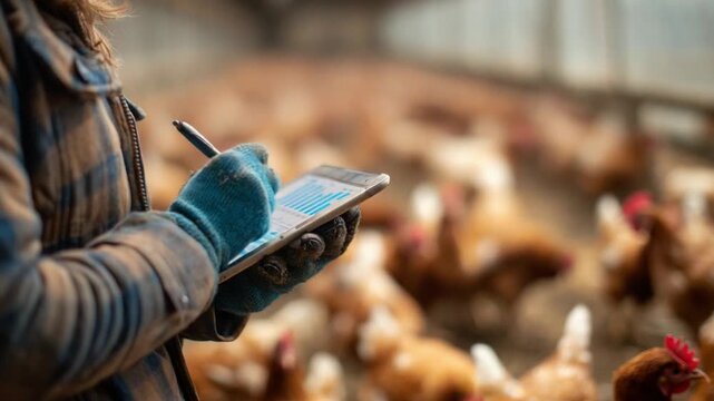 Farmer Using Tablet While Monitoring Healthy Chickens in Poultry Farm Environment
