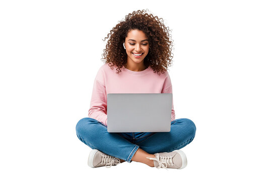 young woman sitting and using laptop isolated on white