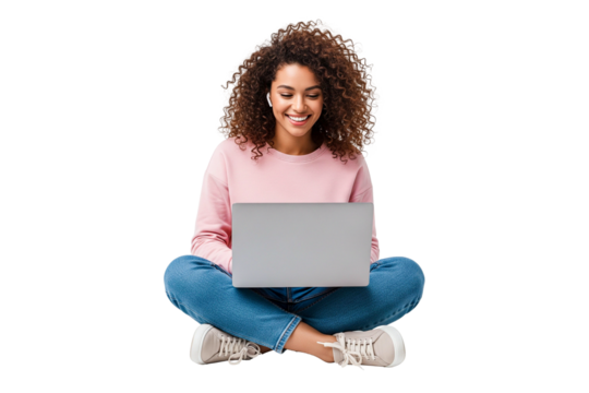 young woman sitting and using laptop isolated on white