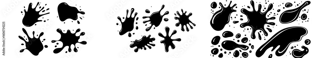 Poster black paint spots on a white background form a set of blots with a grunge frame made of paint in mod