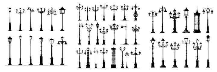 A collection of modern and vintage street lights is presented as a set of black silhouettes isolated on a white background for use in landscape construction and design