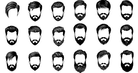A modern set of highly detailed, hand drawn men's hairstyles, beards, and mustaches
