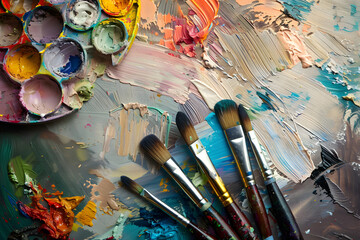 Fototapeta premium Painters palette with thick colorful oil paints