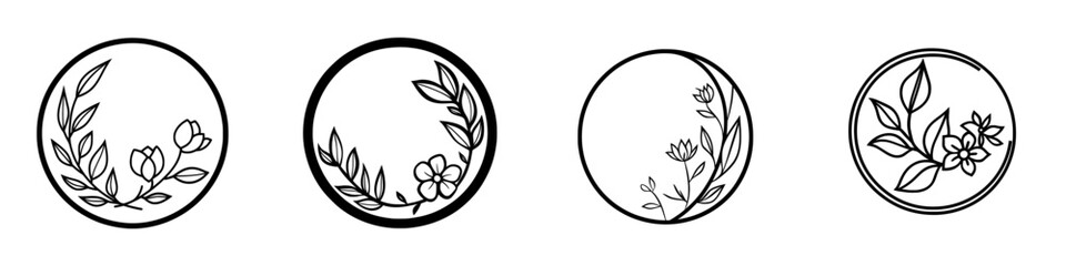 A contemporary vintage frame within a stylish linear frame, suitable for florist shops and organic cosmetics, featuring a monogram design template with space for text, adorned with leaves, flowers,