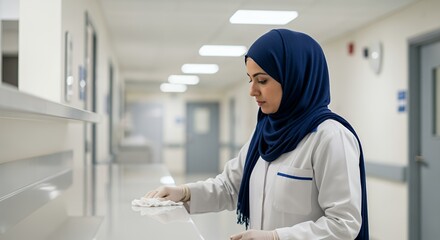 Healthcare Worker Cleaning in Hospital Corridor