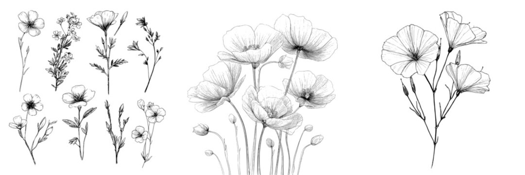 The collection known as Sketch Floral Botany includes hand drawn modern illustrations of evening primrose flowers, presented in black and white line art on a white background