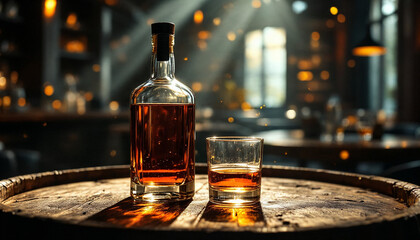 Close-up of whiskey glass and bottle on oak barrel in aging room.
