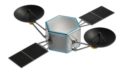 Medium-sized satellite with a hexagonal body and dual parabolic antennas