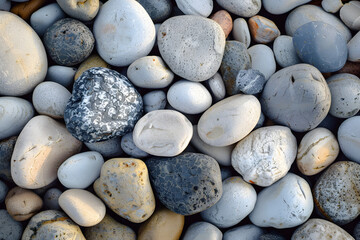 Pebble beach with smooth rounded stones in varyin