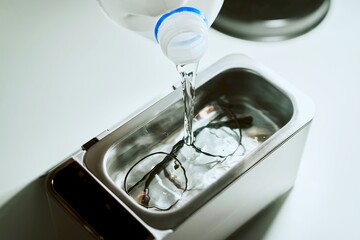 Close-up of ultrasonic cleaner in action