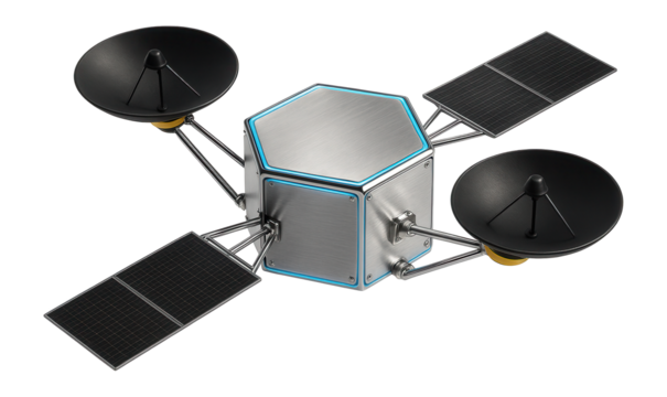 Medium-sized satellite with a hexagonal body and dual parabolic antennas