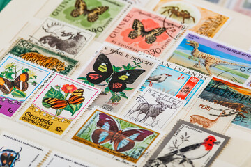 Postage stamps. Collection of stamps and magnifying glass. Collection of world stamps in a stack...