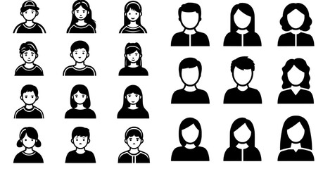 This extensive set includes hand-drawn male and female avatar profile icons, as well as modern flat user avatar icons, signs, and profile people symbols