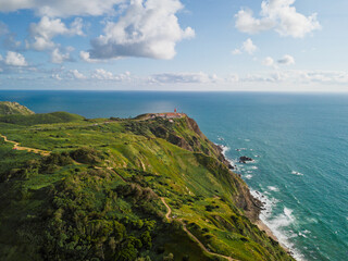 Sunset View of Cabo da Roca Lighthouse and Cliffs. Aerial drone veiw