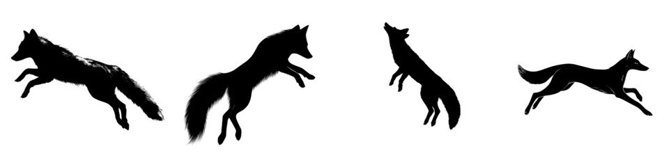 Obraz premium A contemporary black outline of a fox in mid-jump is set against a plain white backdrop