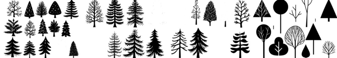 Obraz premium Winter tree set featuring blue, brown, and pink illustrations suitable for stickers, postcards, backgrounds, and Christmas invitations