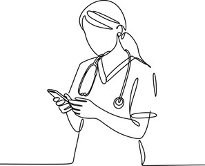 Doctor wearing stethoscope looking at mobile phone in continuous line drawing style