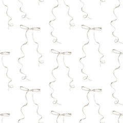 Seamless Pattern with curling watercolor Ribbons and Bows. Illustration of background in soft pastel colors for baby shower stationery, gentle textile and nursery wallpaper. Backdrop for wrapping.