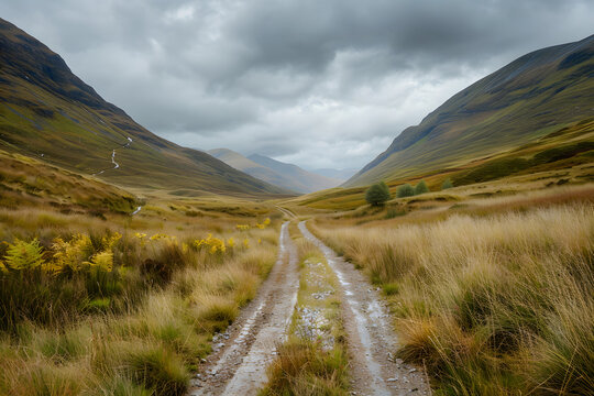 Remote highland valley with winding dirt road dis