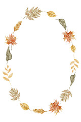 Watercolor card Template with Autumn leaves forming an oval Frame. Illustration of border with fall plants with maple, oak, and fern seasonal invitation designs or harvest festival greeting cards.