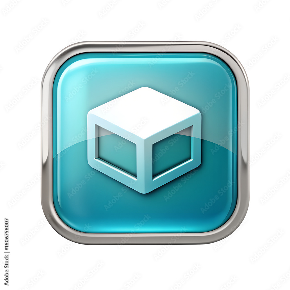 Poster a glossy blue 3d icon featuring a white cube shape, symbolizing data or digital assets isolated on t